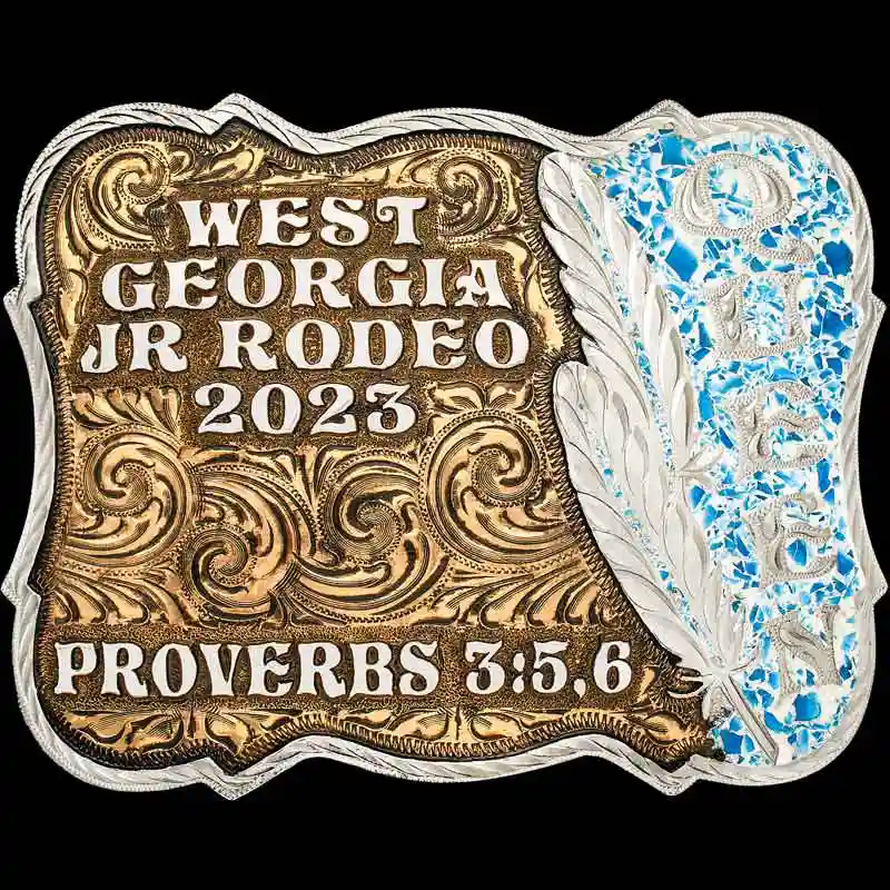 A custom women's turquoise belt buckle for West Georgia Junior Rodeo featuring feathers and a bible verse 
