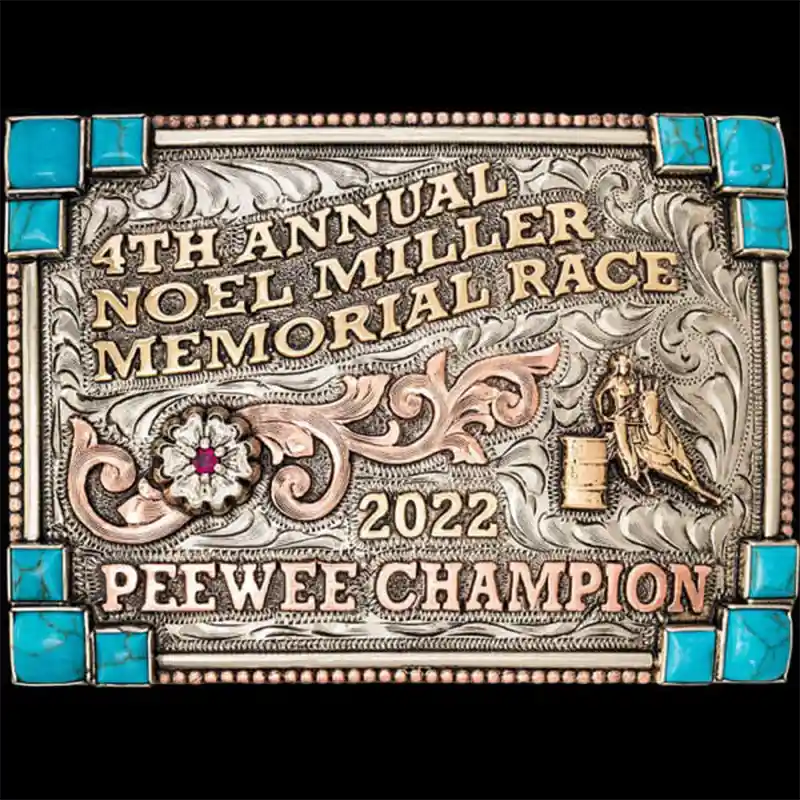 Square custom belt buckle with figure of rodeo barrel racing competition made in german silver and turquoise