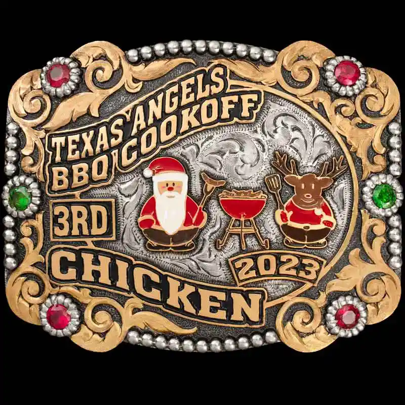 A custom Christmas belt buckle for Texas Angels BBQ Cookoff feautring a Santa Claus and a reindeer figure 