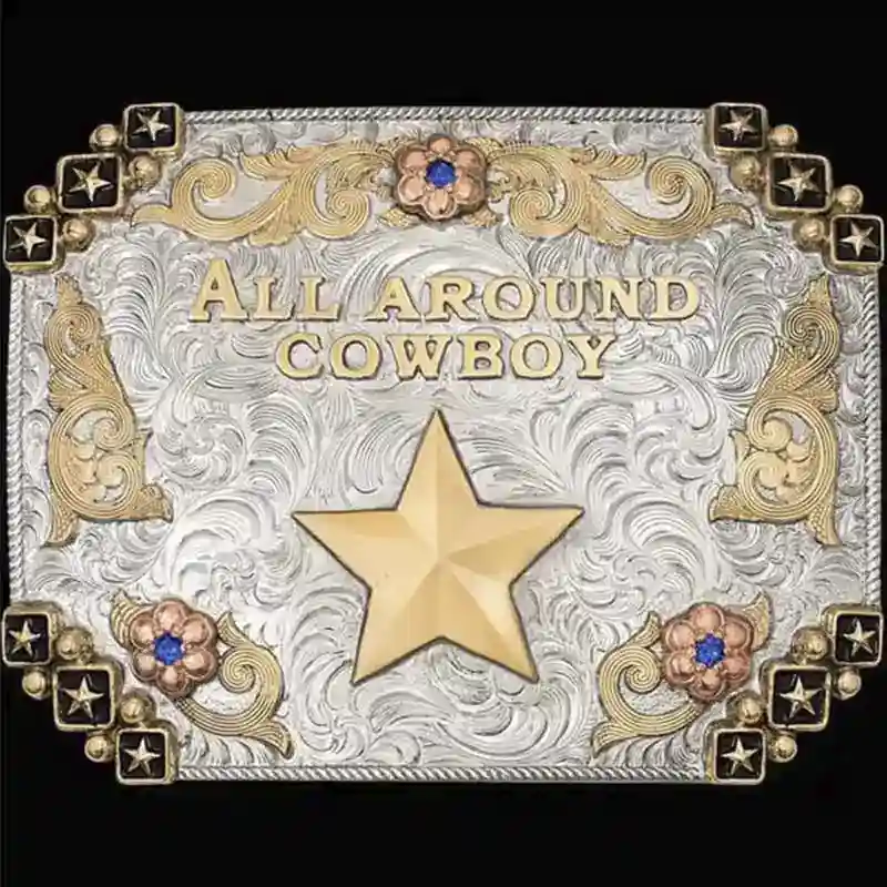 A custom rodeo belt buckle trophy for Rodeo Days Bull Riding Grand Champion featuring a bull rider figure 